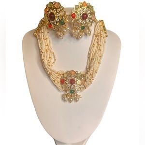 Pearls Choker Lotus Shaped Pendent, Bridal Jewellery, Multicoloured Moonstones